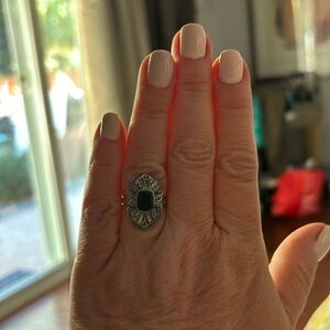 Vintage sterling silver ring with  Marcasite and Onyx center stone size 6.5